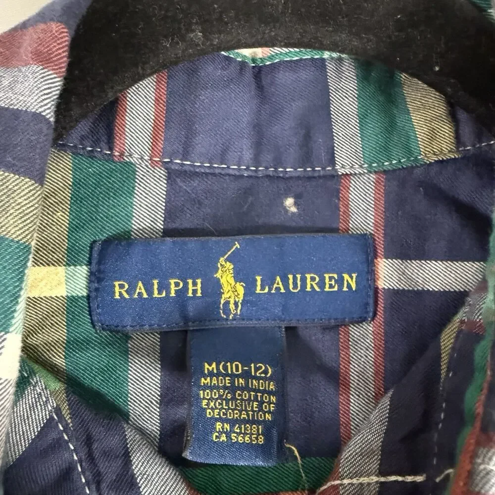 Ralph Lauren Dress Shirt Boys Medium 10-12 Blue Green Plaid Long Sleeve Cotton
